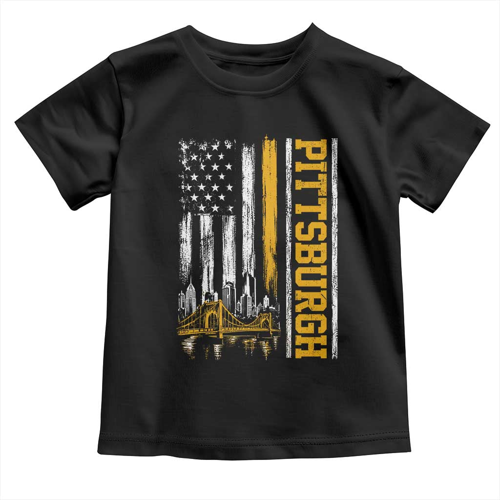 Pittsburgh City Skyline Roberto Clemente Bridge Graphic Toddler T Shirt American Flag Yellow Bridge City Hometown Pride TS02 Black Print Your Wear