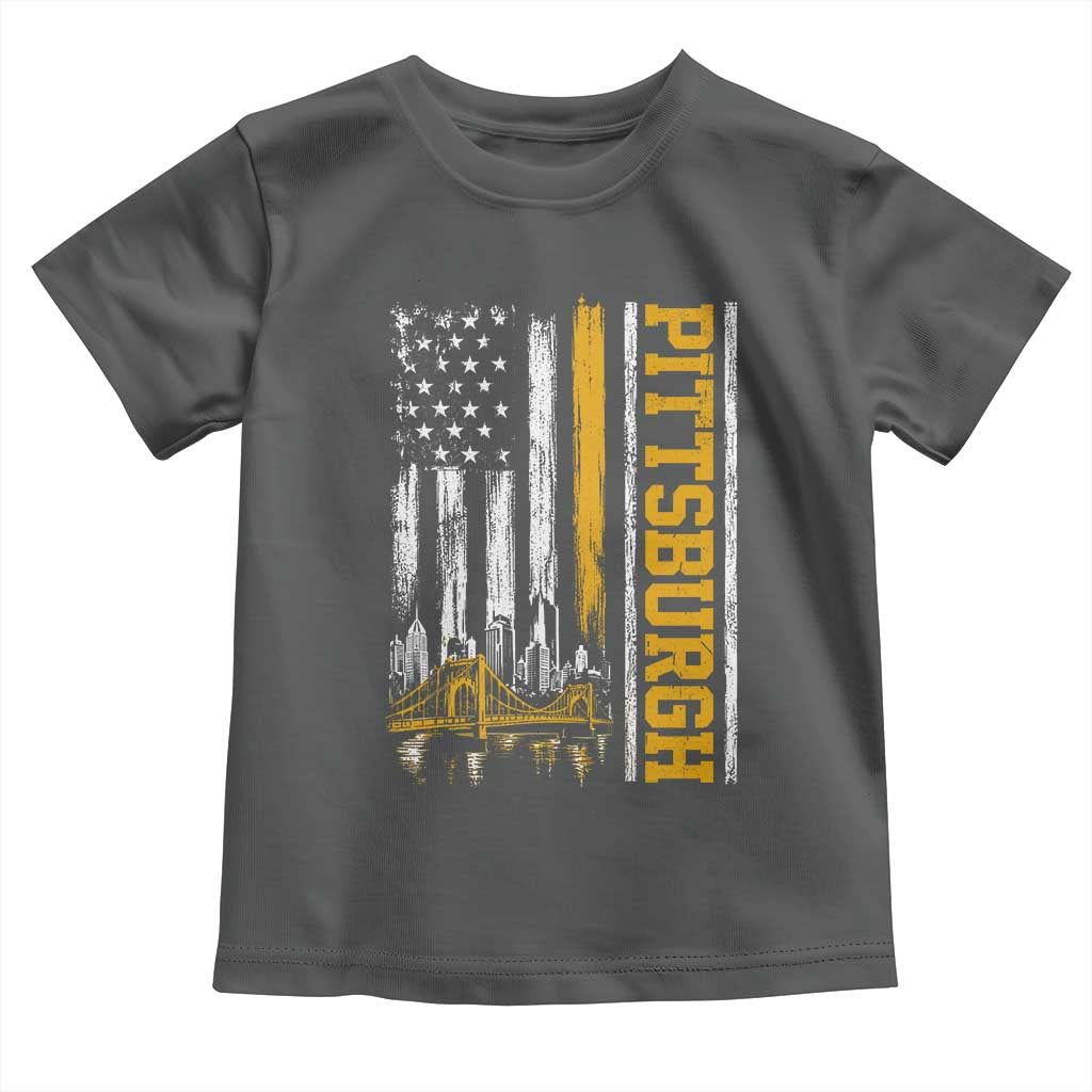 Pittsburgh City Skyline Roberto Clemente Bridge Graphic Toddler T Shirt American Flag Yellow Bridge City Hometown Pride