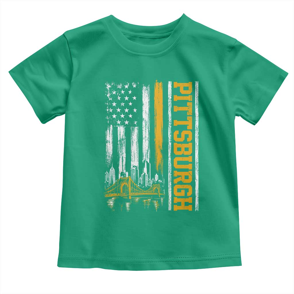 Pittsburgh City Skyline Roberto Clemente Bridge Graphic Toddler T Shirt American Flag Yellow Bridge City Hometown Pride