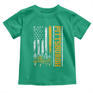 Pittsburgh City Skyline Roberto Clemente Bridge Graphic Toddler T Shirt American Flag Yellow Bridge City Hometown Pride