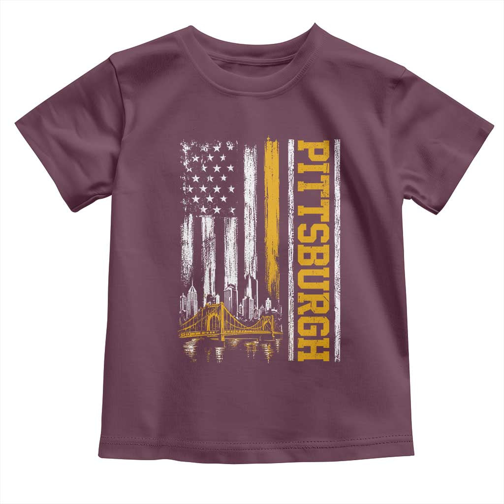 Pittsburgh City Skyline Roberto Clemente Bridge Graphic Toddler T Shirt American Flag Yellow Bridge City Hometown Pride
