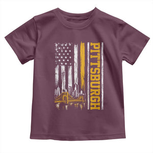 Pittsburgh City Skyline Roberto Clemente Bridge Graphic Toddler T Shirt American Flag Yellow Bridge City Hometown Pride