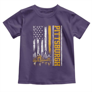 Pittsburgh City Skyline Roberto Clemente Bridge Graphic Toddler T Shirt American Flag Yellow Bridge City Hometown Pride