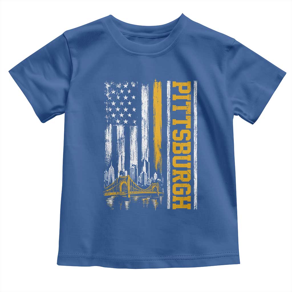 Pittsburgh City Skyline Roberto Clemente Bridge Graphic Toddler T Shirt American Flag Yellow Bridge City Hometown Pride