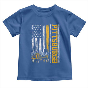 Pittsburgh City Skyline Roberto Clemente Bridge Graphic Toddler T Shirt American Flag Yellow Bridge City Hometown Pride