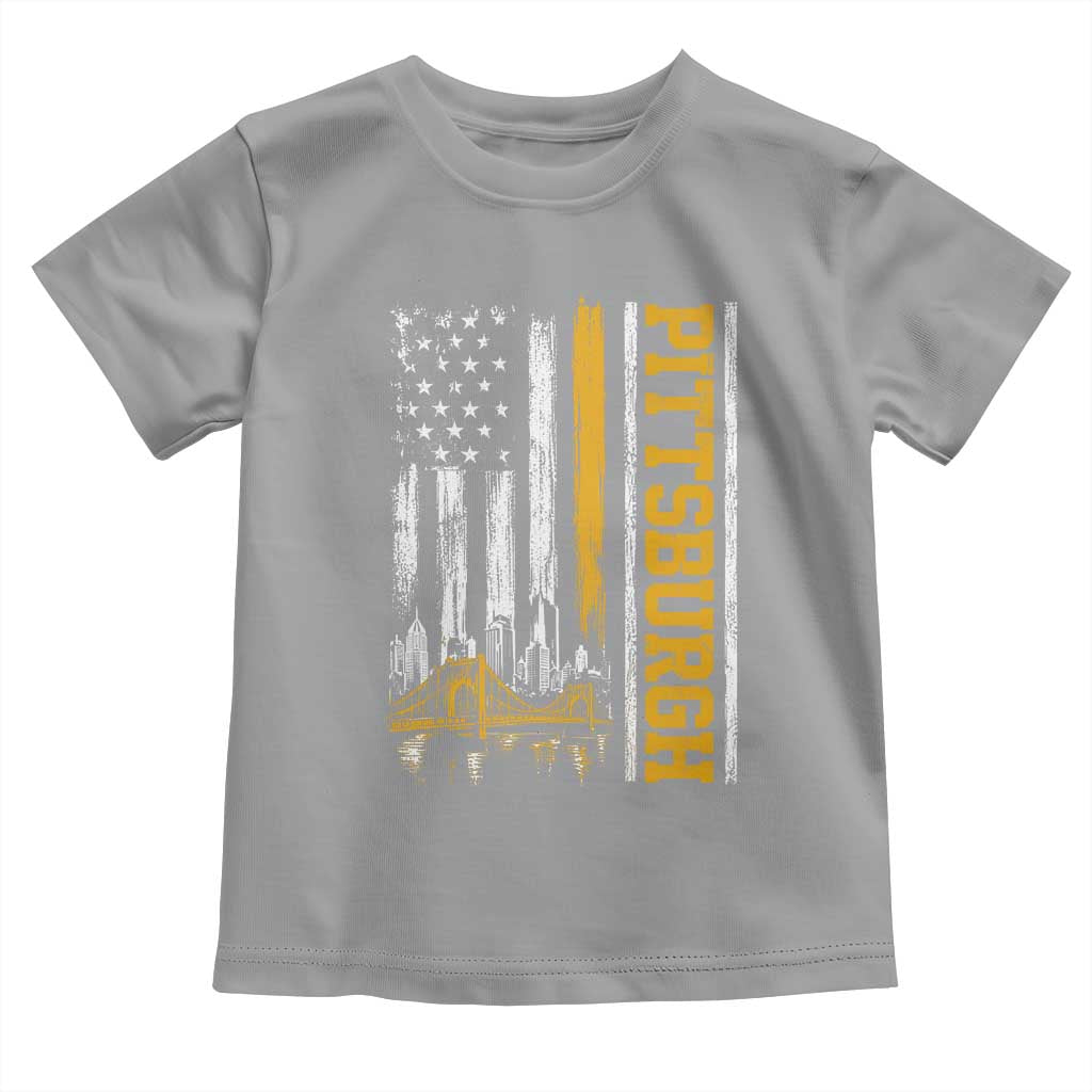 Pittsburgh City Skyline Roberto Clemente Bridge Graphic Toddler T Shirt American Flag Yellow Bridge City Hometown Pride