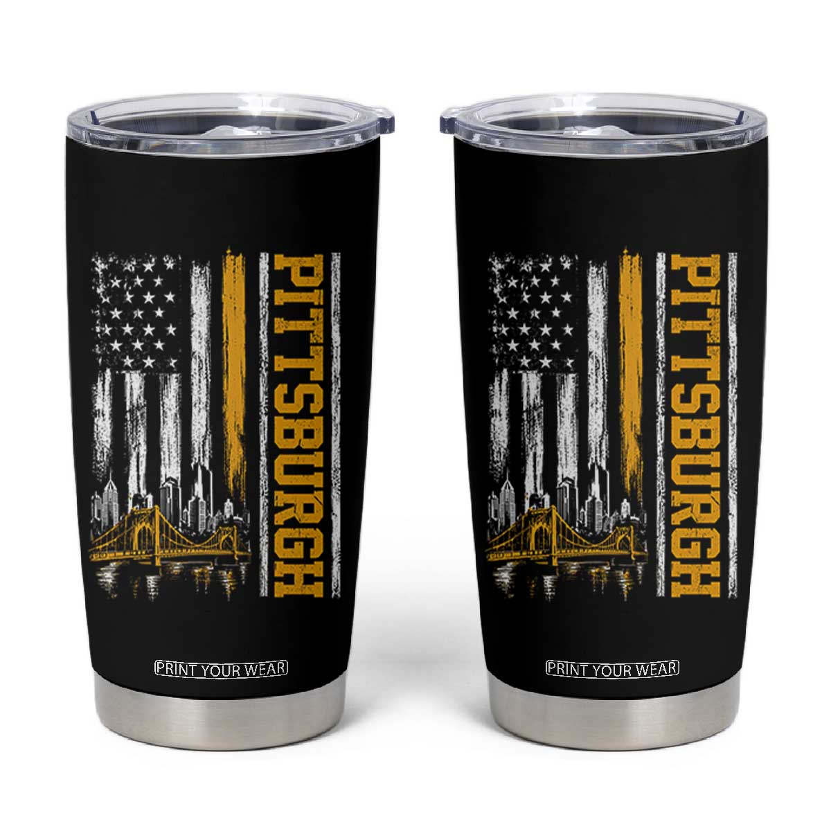 Pittsburgh City Skyline Roberto Clemente Bridge Graphic Tumbler Cup American Flag Yellow Bridge City Hometown Pride TS02 Black Print Your Wear