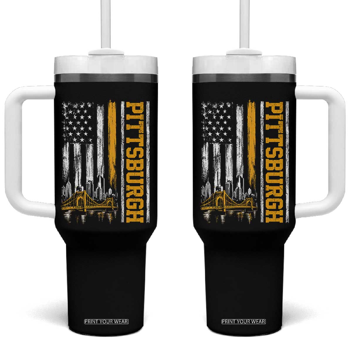 Pittsburgh City Skyline Roberto Clemente Bridge Graphic Tumbler With Handle American Flag Yellow Bridge City Hometown Pride