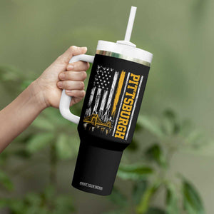 Pittsburgh City Skyline Roberto Clemente Bridge Graphic Tumbler With Handle American Flag Yellow Bridge City Hometown Pride