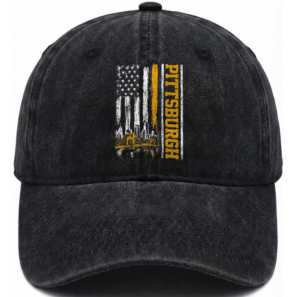 Pittsburgh City Skyline Roberto Clemente Bridge Graphic Washed Cotton Baseball Cap American Flag Yellow Bridge City Hometown Pride TS02 Print Your Wear