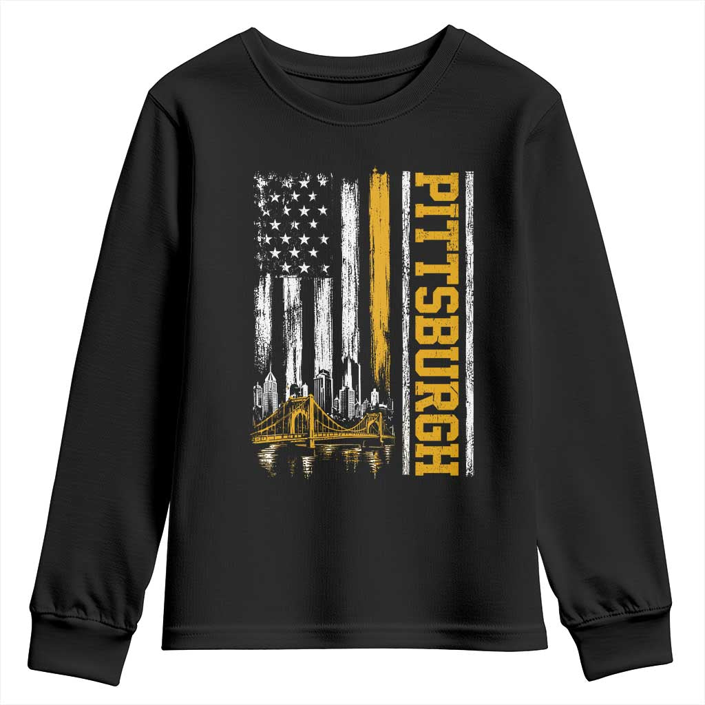 Pittsburgh City Skyline Roberto Clemente Bridge Graphic Youth Sweatshirt American Flag Yellow Bridge City Hometown Pride TS02 Black Print Your Wear
