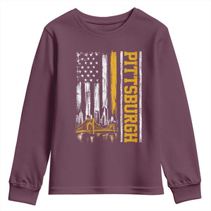 Pittsburgh City Skyline Roberto Clemente Bridge Graphic Youth Sweatshirt American Flag Yellow Bridge City Hometown Pride