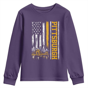 Pittsburgh City Skyline Roberto Clemente Bridge Graphic Youth Sweatshirt American Flag Yellow Bridge City Hometown Pride