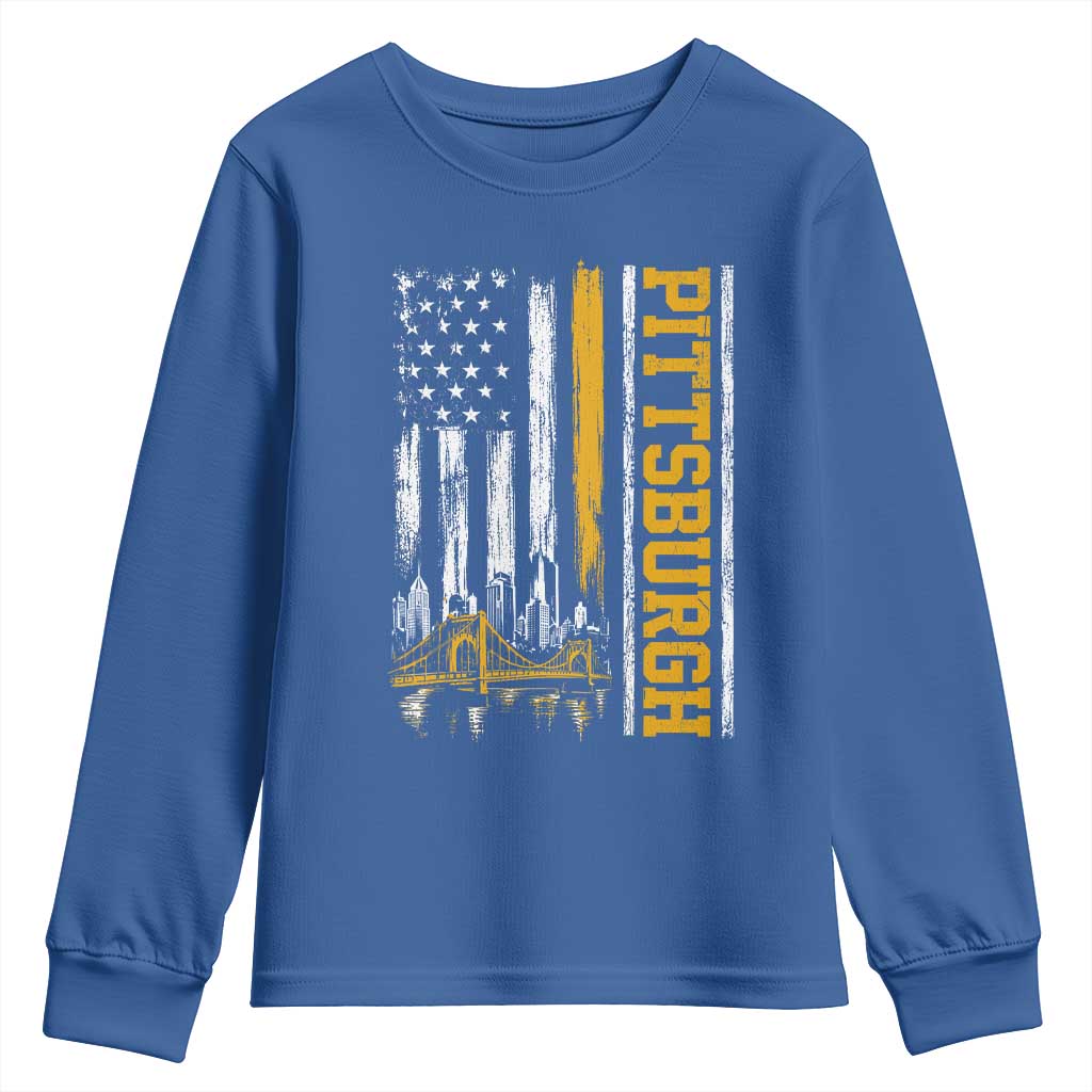 Pittsburgh City Skyline Roberto Clemente Bridge Graphic Youth Sweatshirt American Flag Yellow Bridge City Hometown Pride