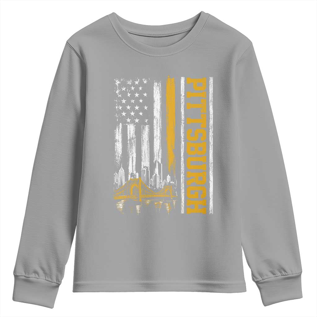 Pittsburgh City Skyline Roberto Clemente Bridge Graphic Youth Sweatshirt American Flag Yellow Bridge City Hometown Pride
