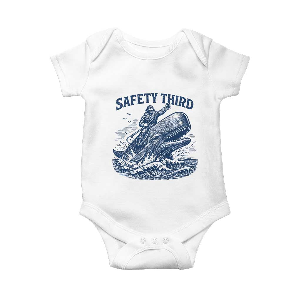 Funny Safety Third Captain Riding Sperm Whale Baby Onesie Vintage Nautical Ocean Fishing Humor TS02 White Print Your Wear