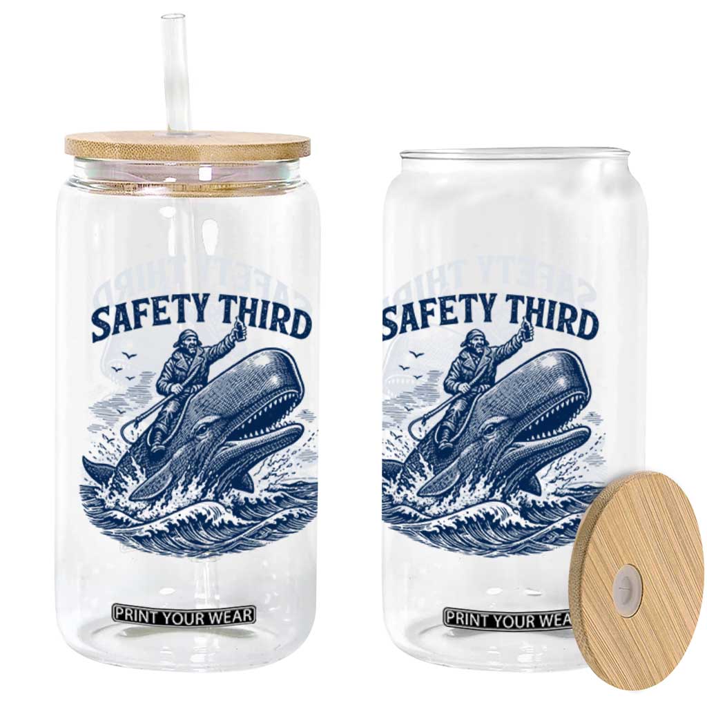 Funny Safety Third Captain Riding Sperm Whale Glass Can Vintage Nautical Ocean Fishing Humor