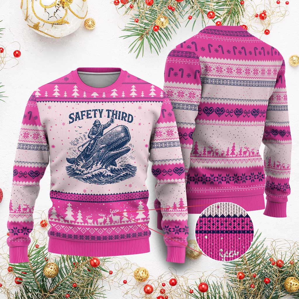 Funny Safety Third Captain Riding Sperm Whale Ugly Christmas Sweater Vintage Nautical Ocean Fishing Humor