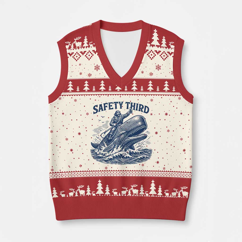 Funny Safety Third Captain Riding Sperm Whale V-Neck Knit Sweater Vest Vintage Nautical Ocean Fishing Humor TS02 Beige Red Print Your Wear