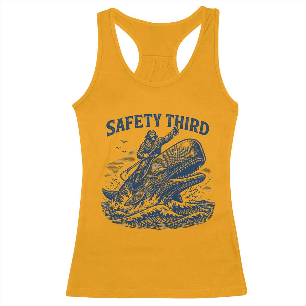 Funny Safety Third Captain Riding Sperm Whale Racerback Tank Top Vintage Nautical Ocean Fishing Humor