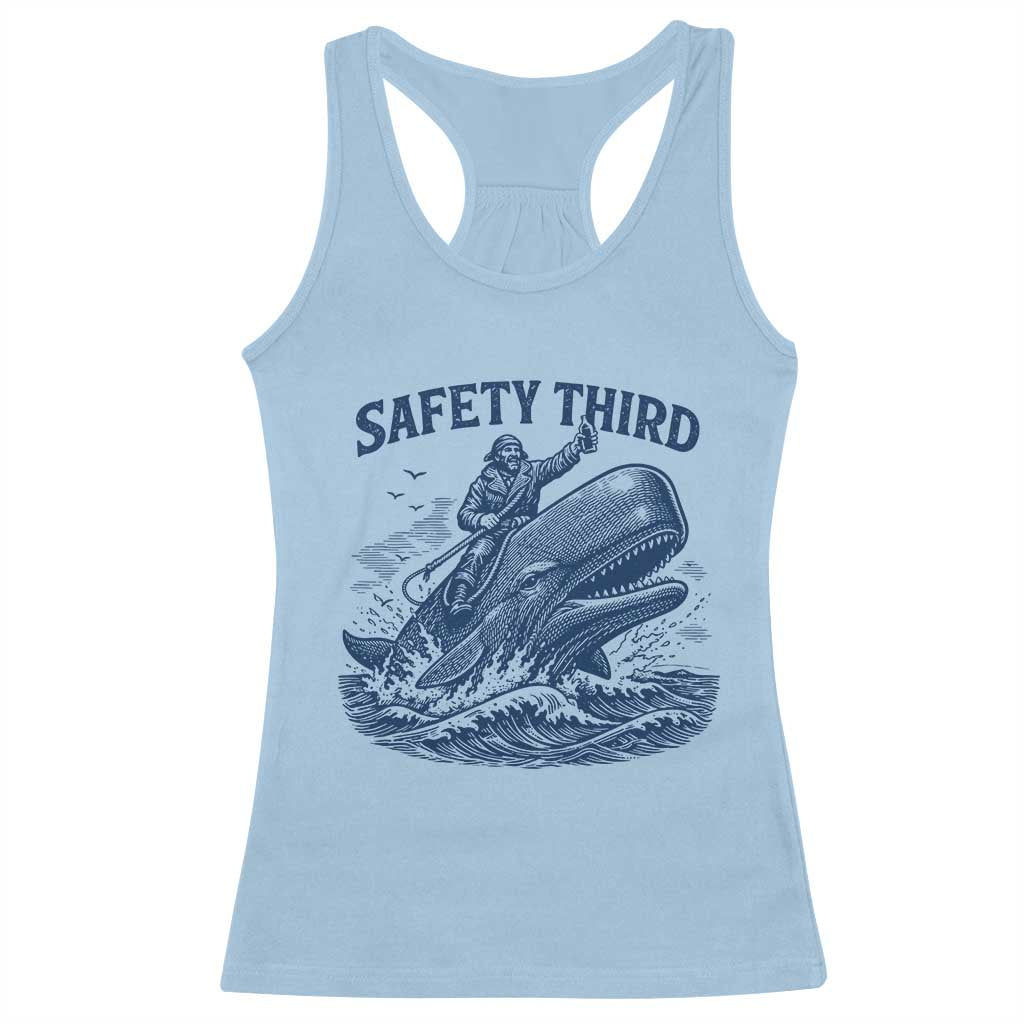 Funny Safety Third Captain Riding Sperm Whale Racerback Tank Top Vintage Nautical Ocean Fishing Humor