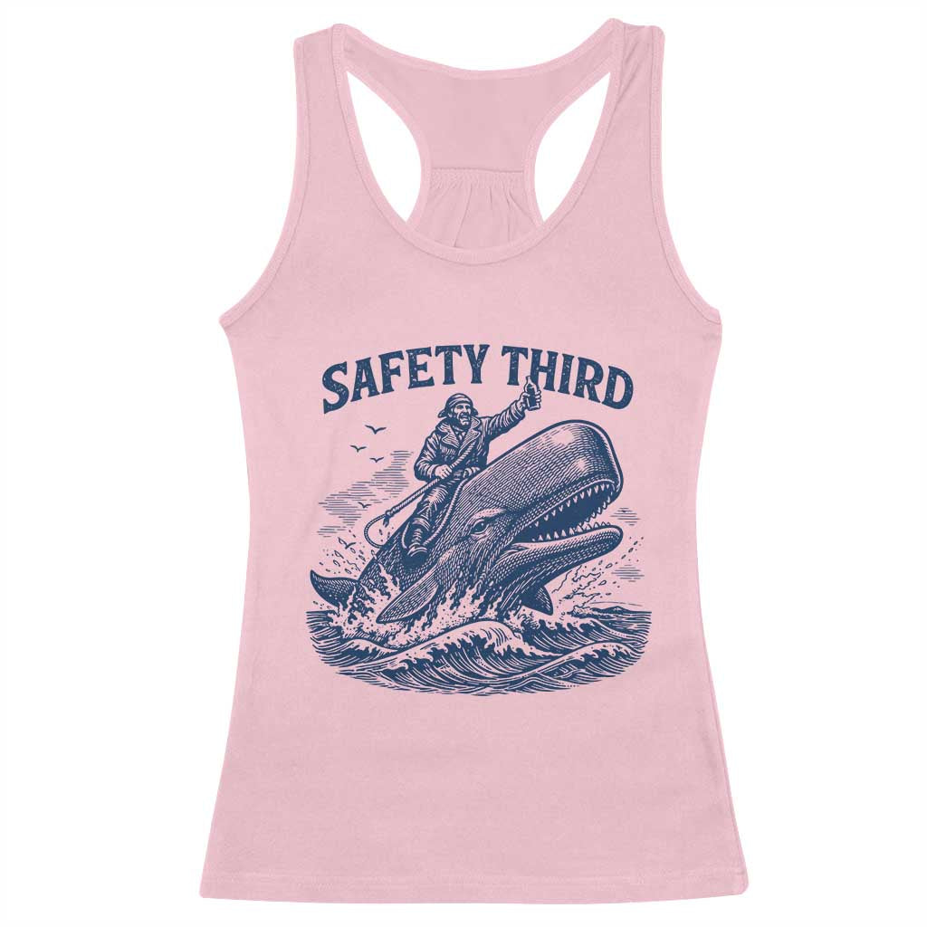 Funny Safety Third Captain Riding Sperm Whale Racerback Tank Top Vintage Nautical Ocean Fishing Humor