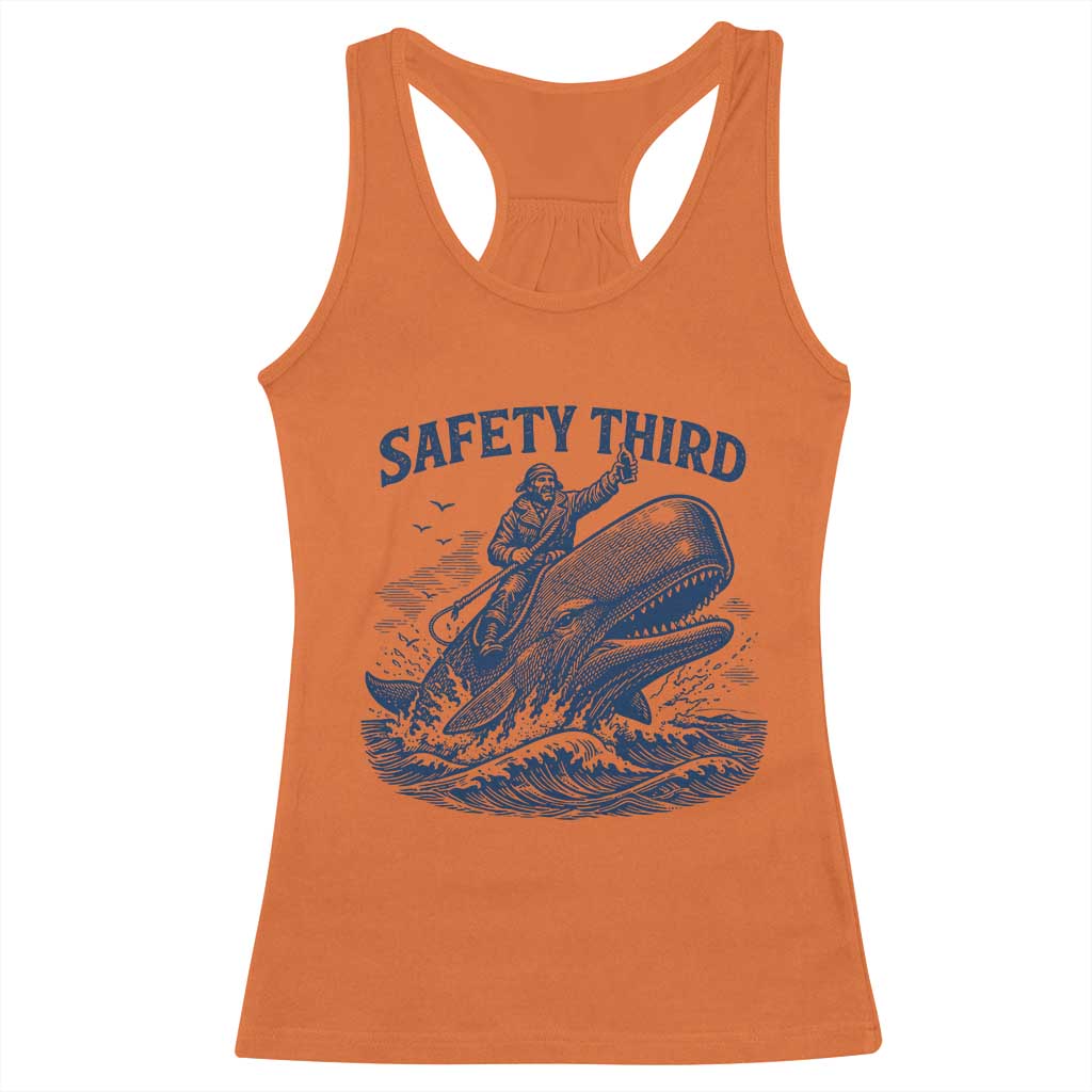 Funny Safety Third Captain Riding Sperm Whale Racerback Tank Top Vintage Nautical Ocean Fishing Humor