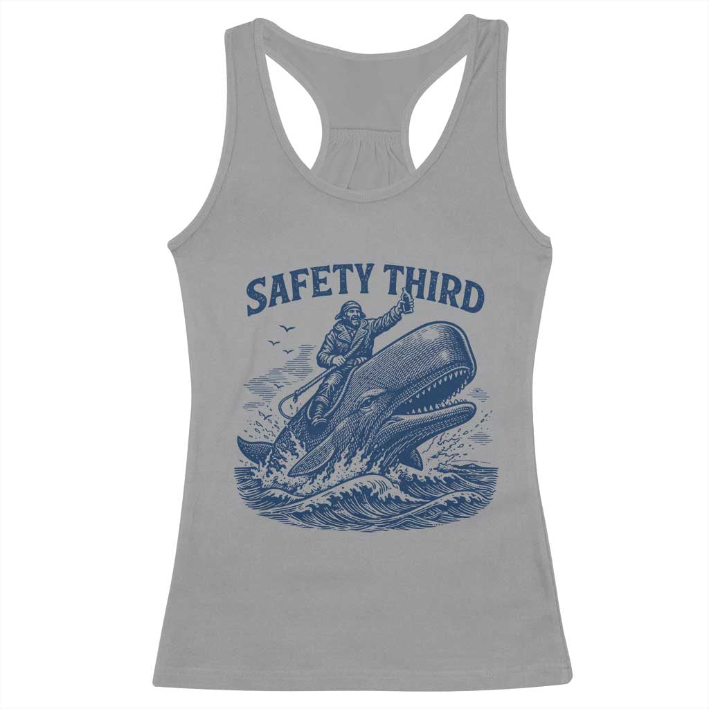 Funny Safety Third Captain Riding Sperm Whale Racerback Tank Top Vintage Nautical Ocean Fishing Humor