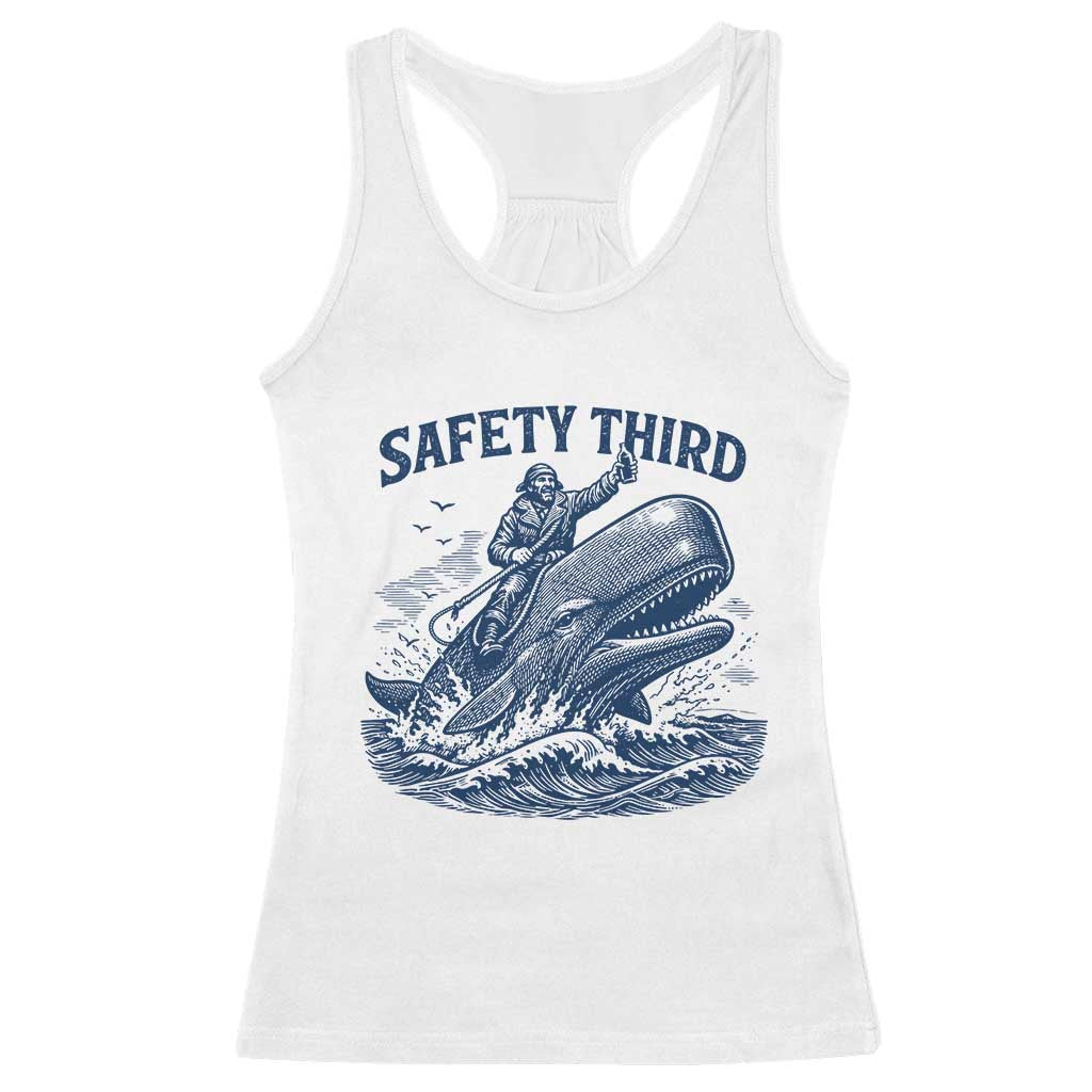 Funny Safety Third Captain Riding Sperm Whale Racerback Tank Top Vintage Nautical Ocean Fishing Humor TS02 White Print Your Wear