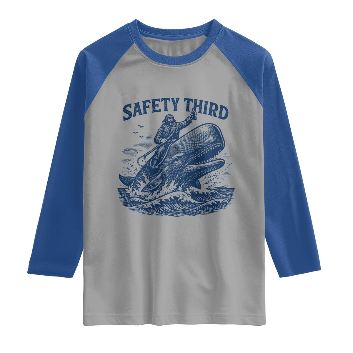 Funny Safety Third Captain Riding Sperm Whale Raglan Shirt Vintage Nautical Ocean Fishing Humor
