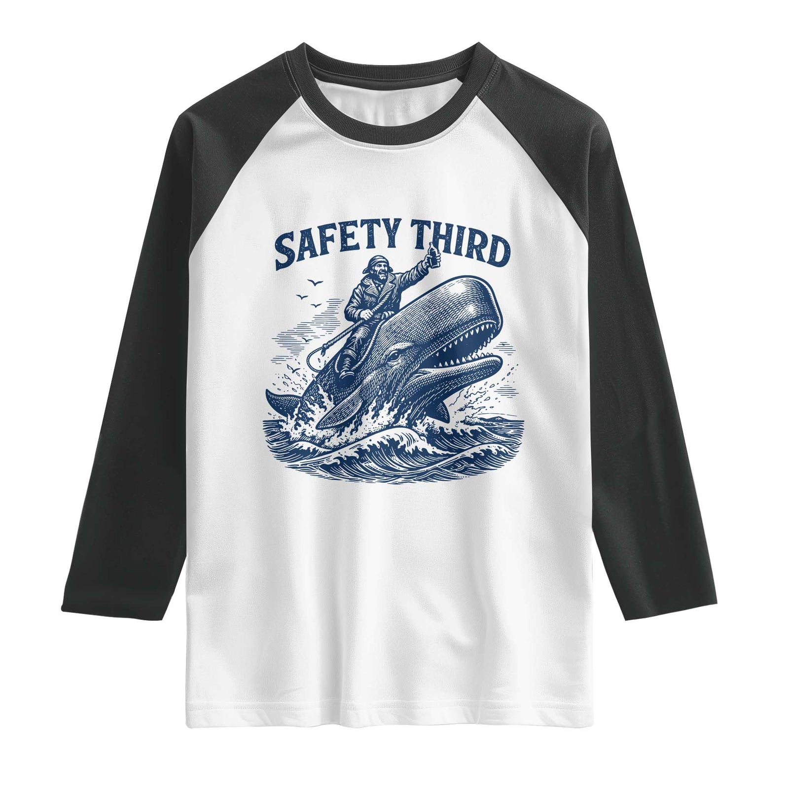 Funny Safety Third Captain Riding Sperm Whale Raglan Shirt Vintage Nautical Ocean Fishing Humor TS02 White Black Print Your Wear