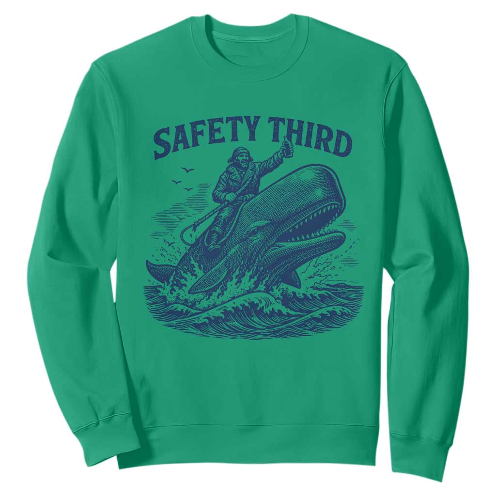 Funny Safety Third Captain Riding Sperm Whale Sweatshirt Vintage Nautical Ocean Fishing Humor