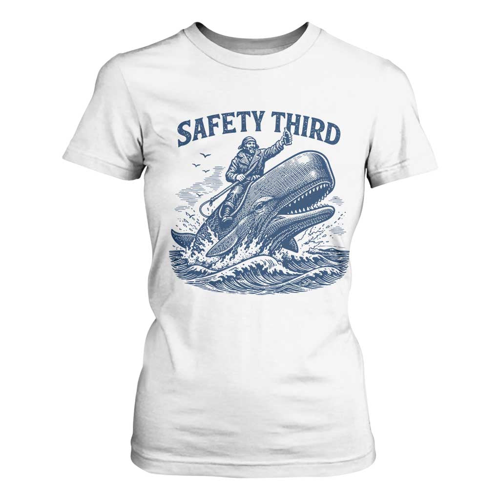 Funny Safety Third Captain Riding Sperm Whale T Shirt For Women Vintage Nautical Ocean Fishing Humor TS02 White Print Your Wear