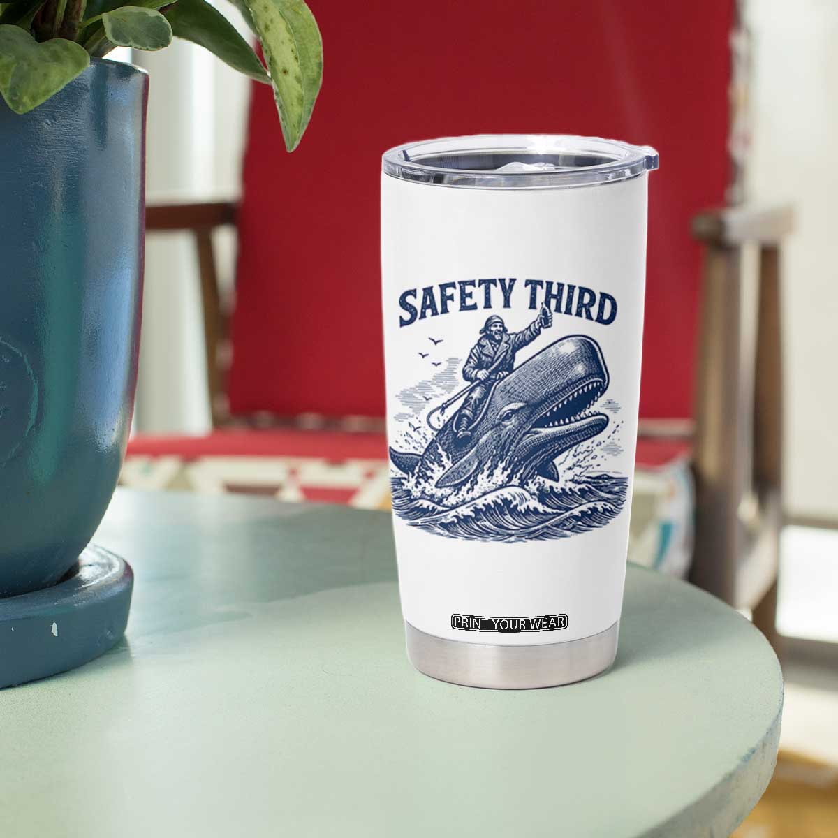 Funny Safety Third Captain Riding Sperm Whale Tumbler Cup Vintage Nautical Ocean Fishing Humor