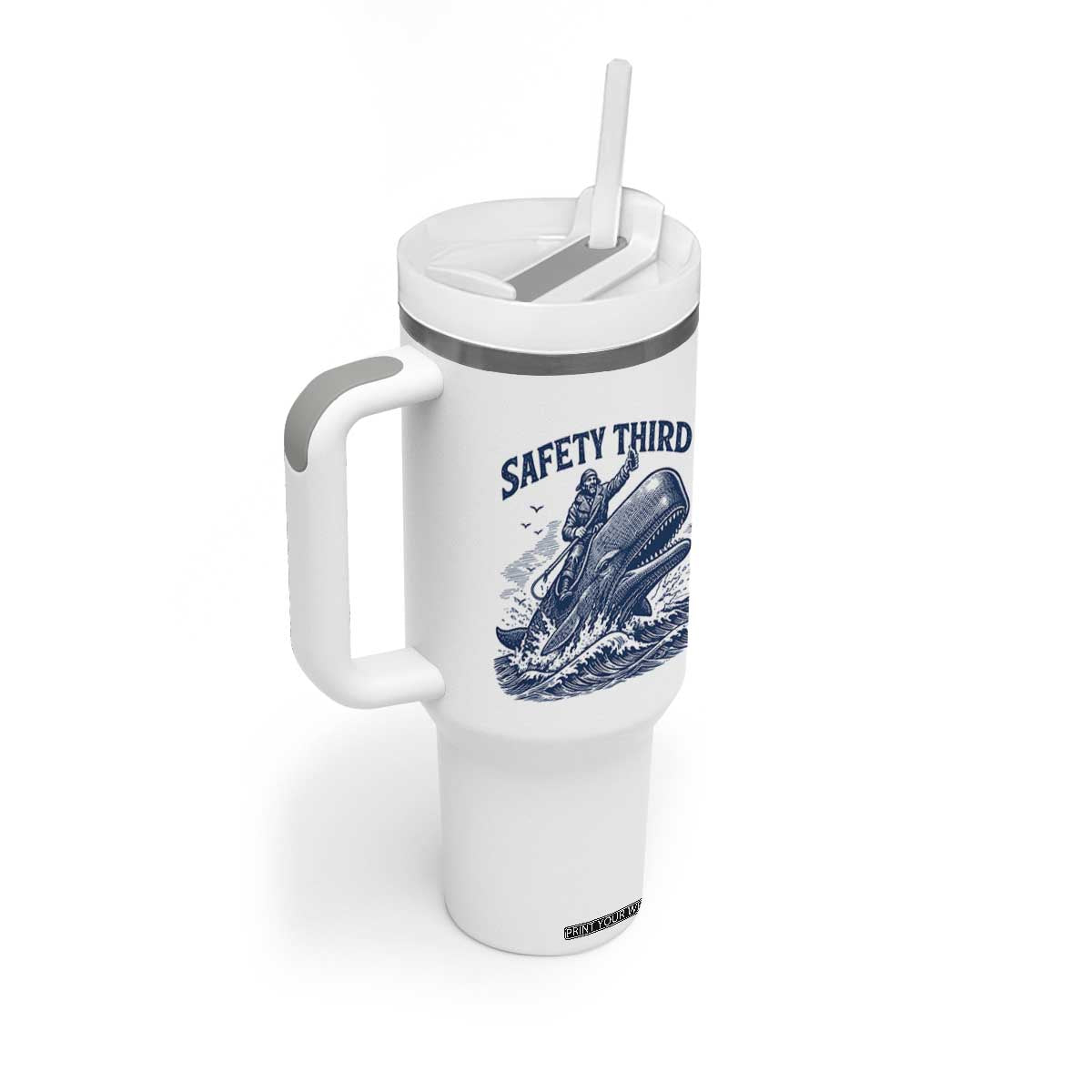Funny Safety Third Captain Riding Sperm Whale Tumbler With Handle Vintage Nautical Ocean Fishing Humor