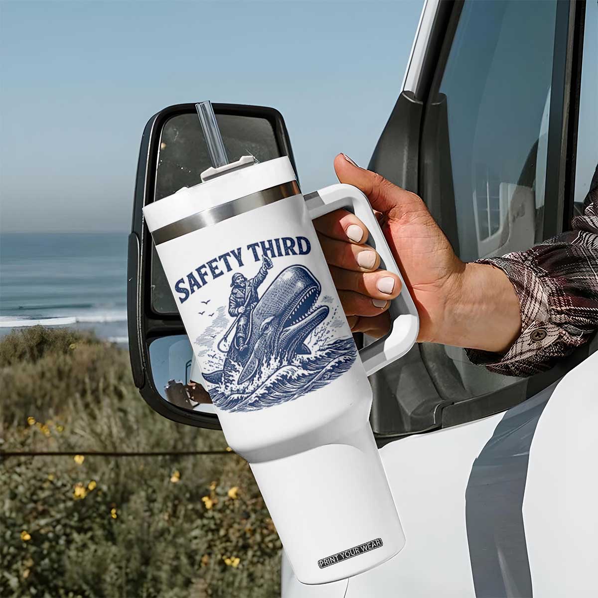 Funny Safety Third Captain Riding Sperm Whale Tumbler With Handle Vintage Nautical Ocean Fishing Humor
