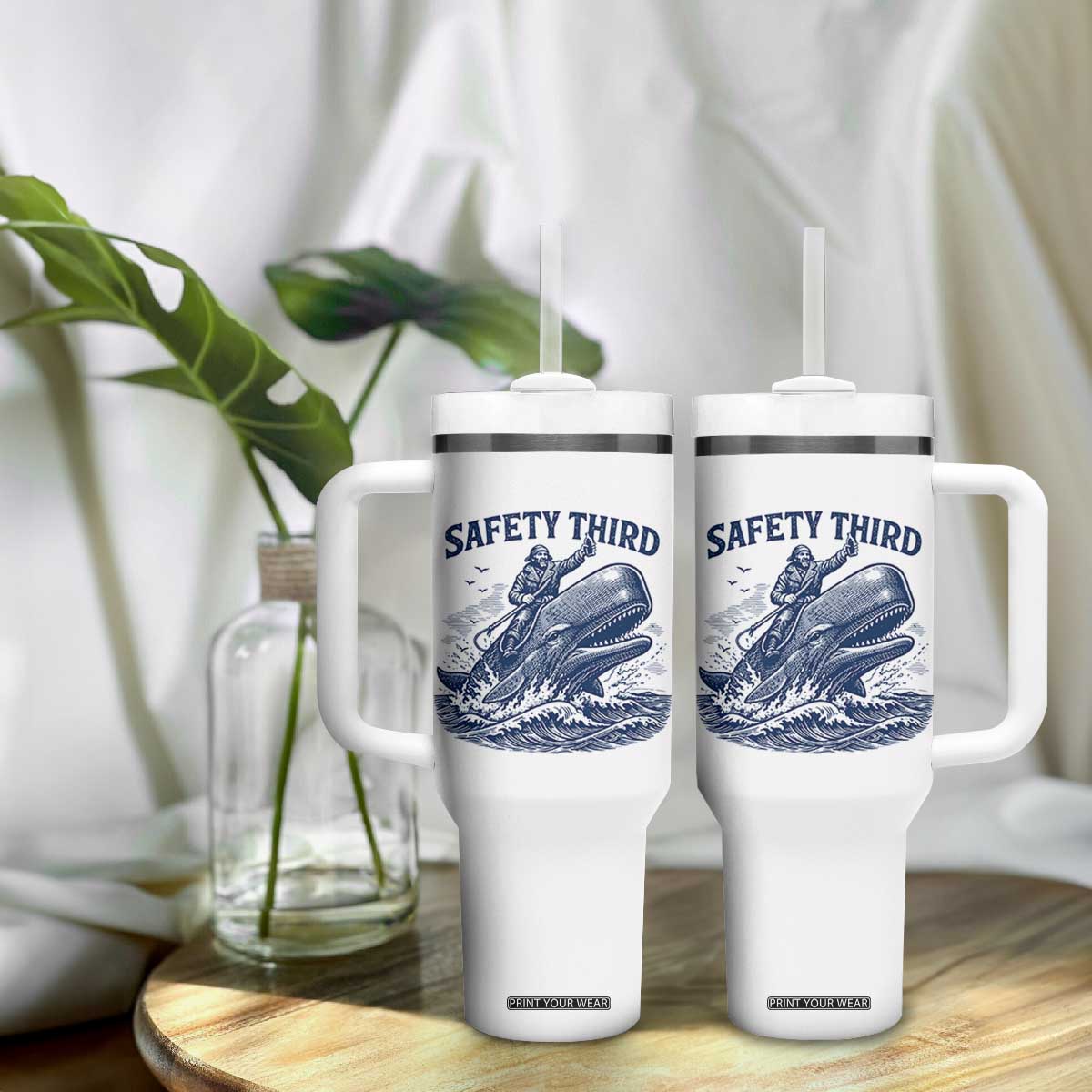 Funny Safety Third Captain Riding Sperm Whale Tumbler With Handle Vintage Nautical Ocean Fishing Humor