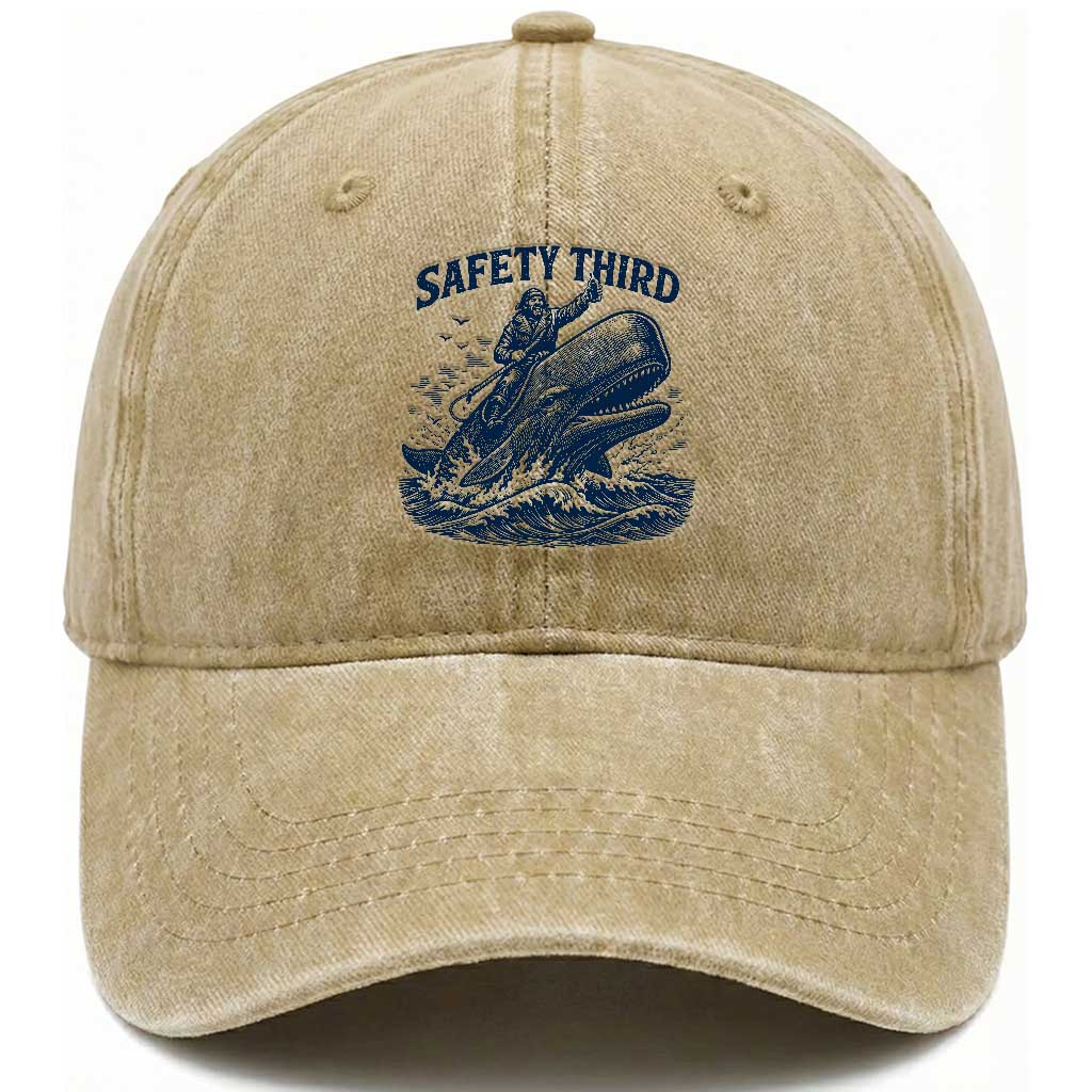 Funny Safety Third Captain Riding Sperm Whale Washed Cotton Baseball Cap Vintage Nautical Ocean Fishing Humor TS02 Print Your Wear