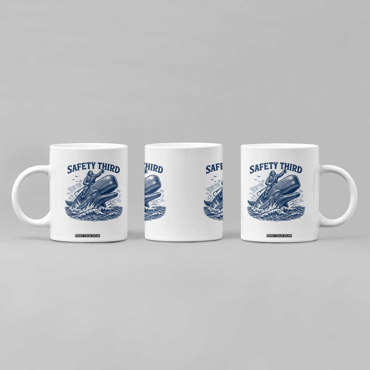 Funny Safety Third Captain Riding Sperm Whale Coffee Mug Vintage Nautical Ocean Fishing Humor