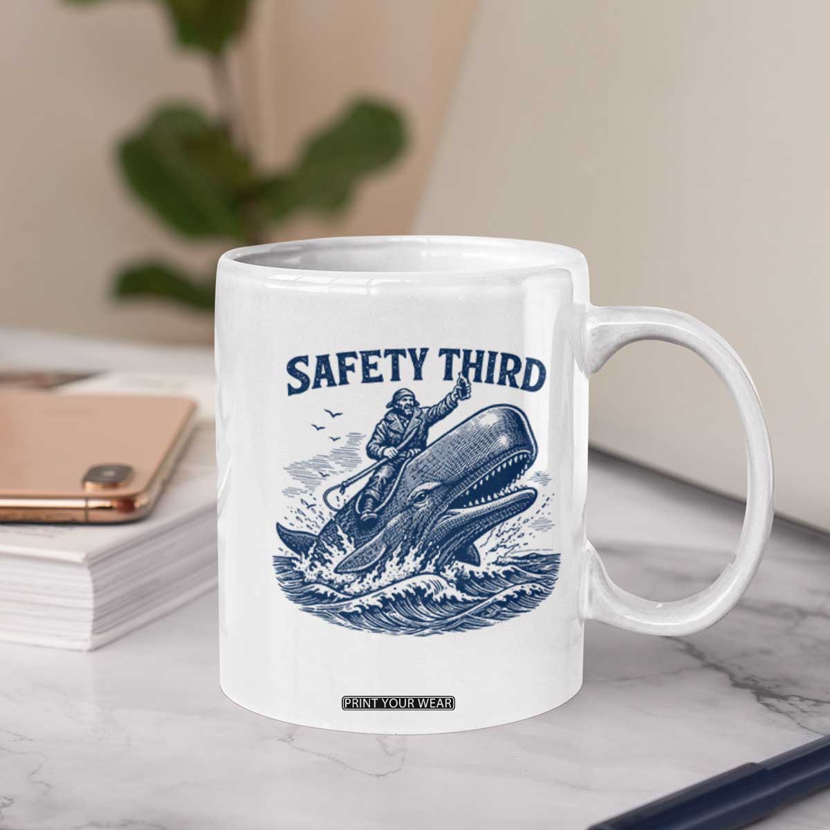 Funny Safety Third Captain Riding Sperm Whale Coffee Mug Vintage Nautical Ocean Fishing Humor