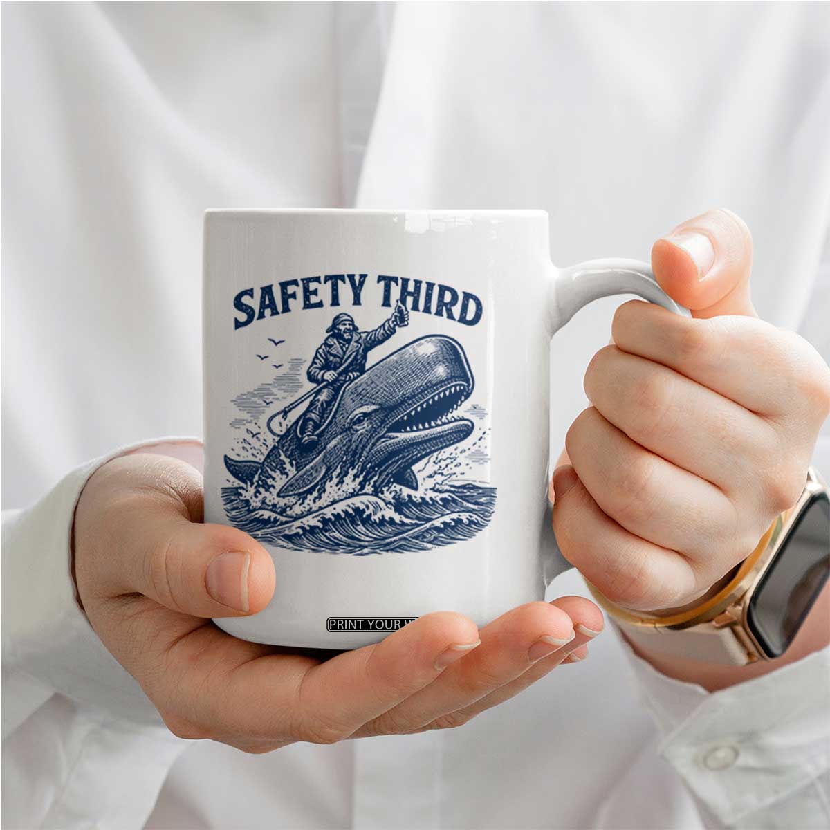 Funny Safety Third Captain Riding Sperm Whale Coffee Mug Vintage Nautical Ocean Fishing Humor