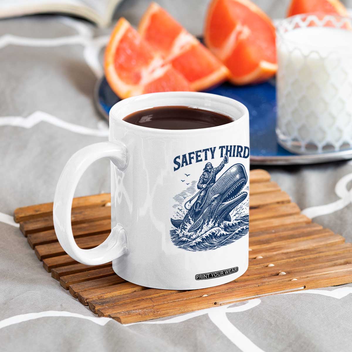 Funny Safety Third Captain Riding Sperm Whale Coffee Mug Vintage Nautical Ocean Fishing Humor