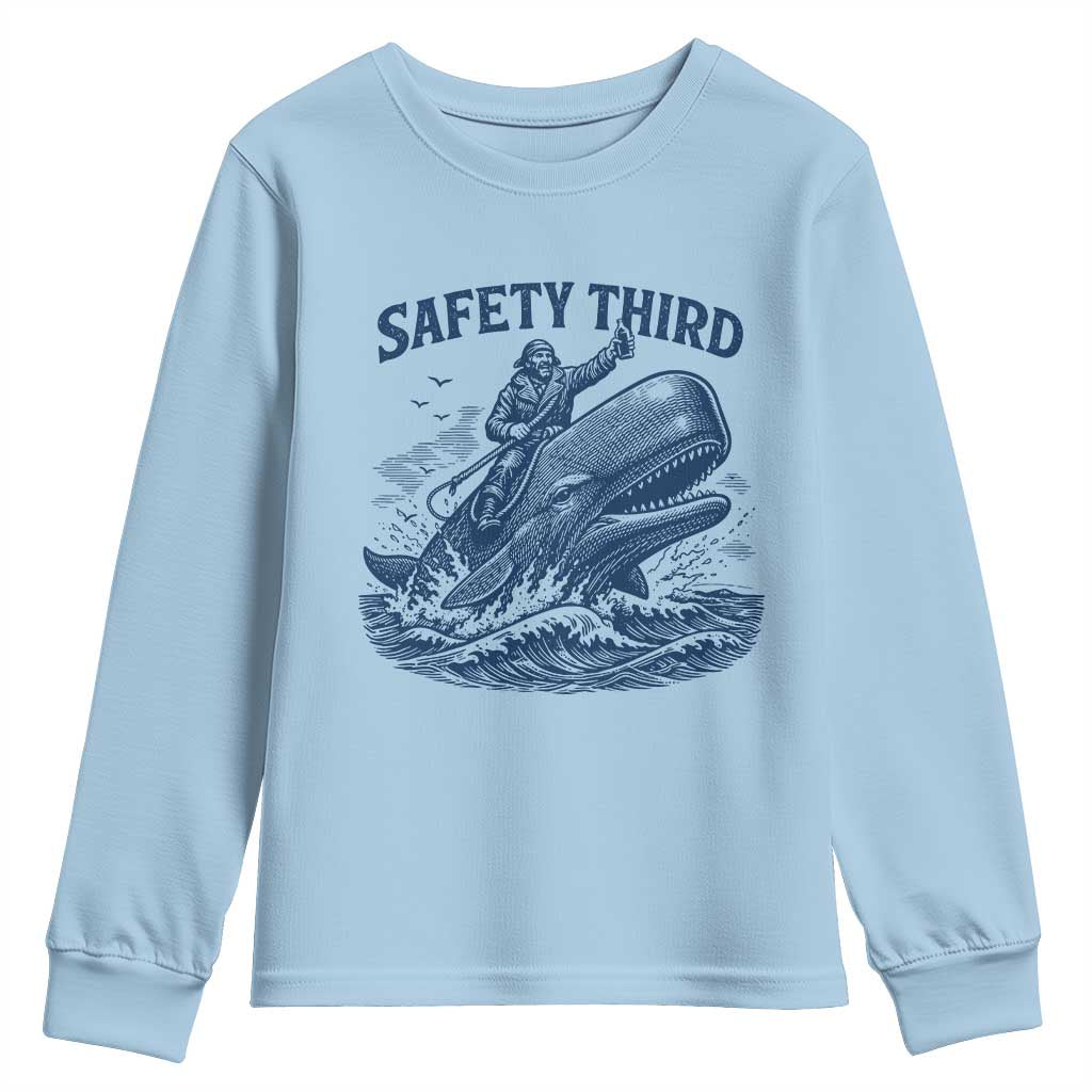Funny Safety Third Captain Riding Sperm Whale Youth Sweatshirt Vintage Nautical Ocean Fishing Humor