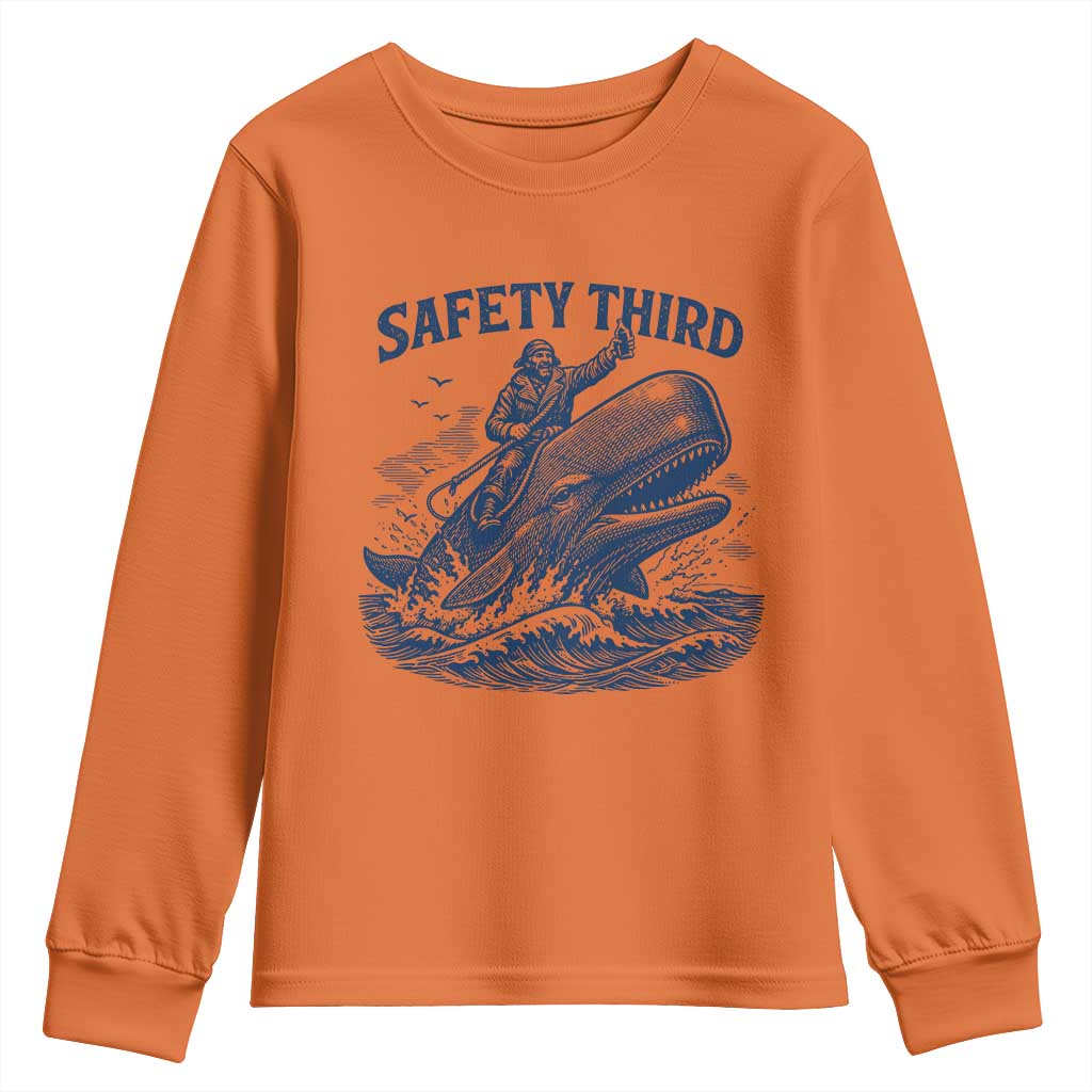 Funny Safety Third Captain Riding Sperm Whale Youth Sweatshirt Vintage Nautical Ocean Fishing Humor