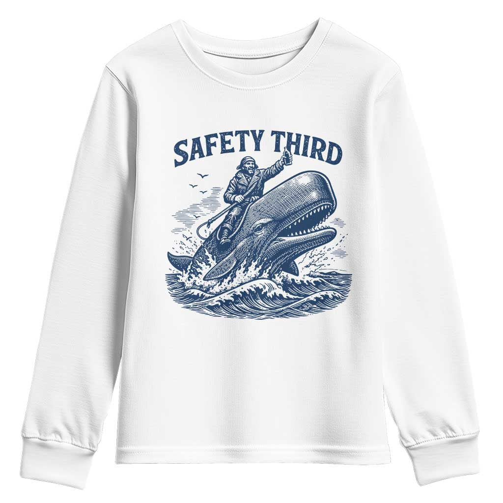 Funny Safety Third Captain Riding Sperm Whale Youth Sweatshirt Vintage Nautical Ocean Fishing Humor TS02 White Print Your Wear