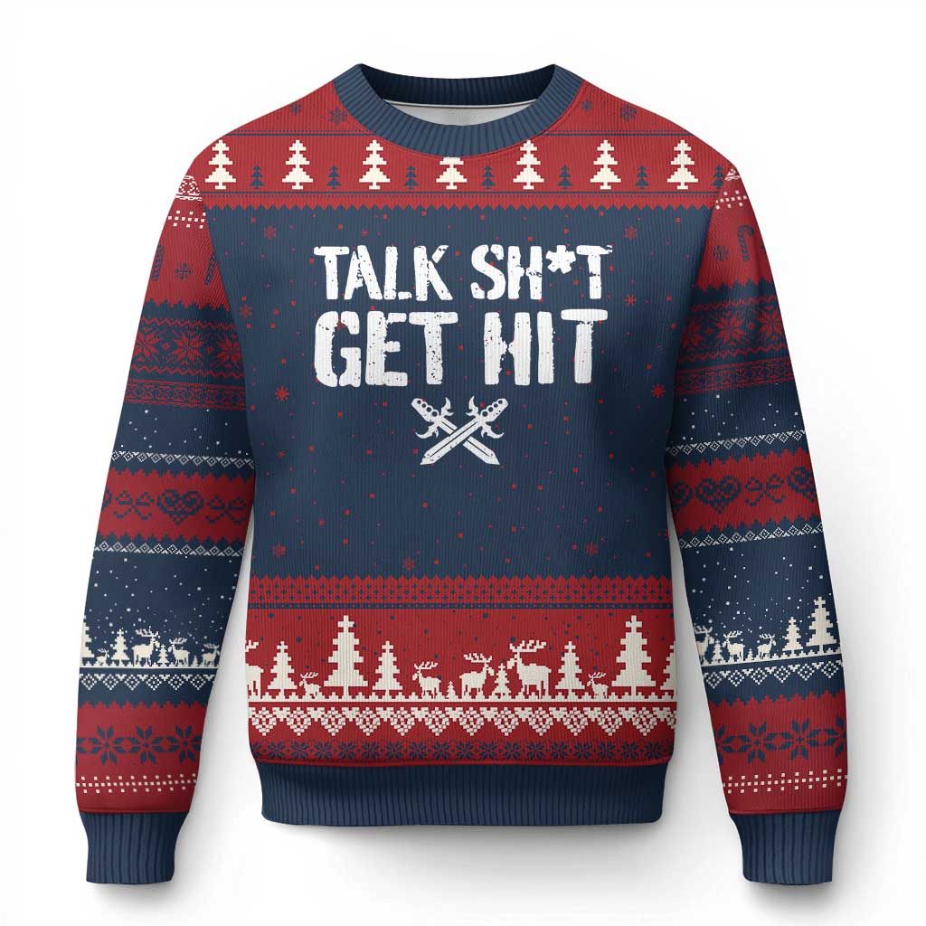 Talk Shit Get Hit Crossed Swords Ugly Christmas Sweater Funny Edgy Combat Sports Attitude TS02 Navy Red Print Your Wear