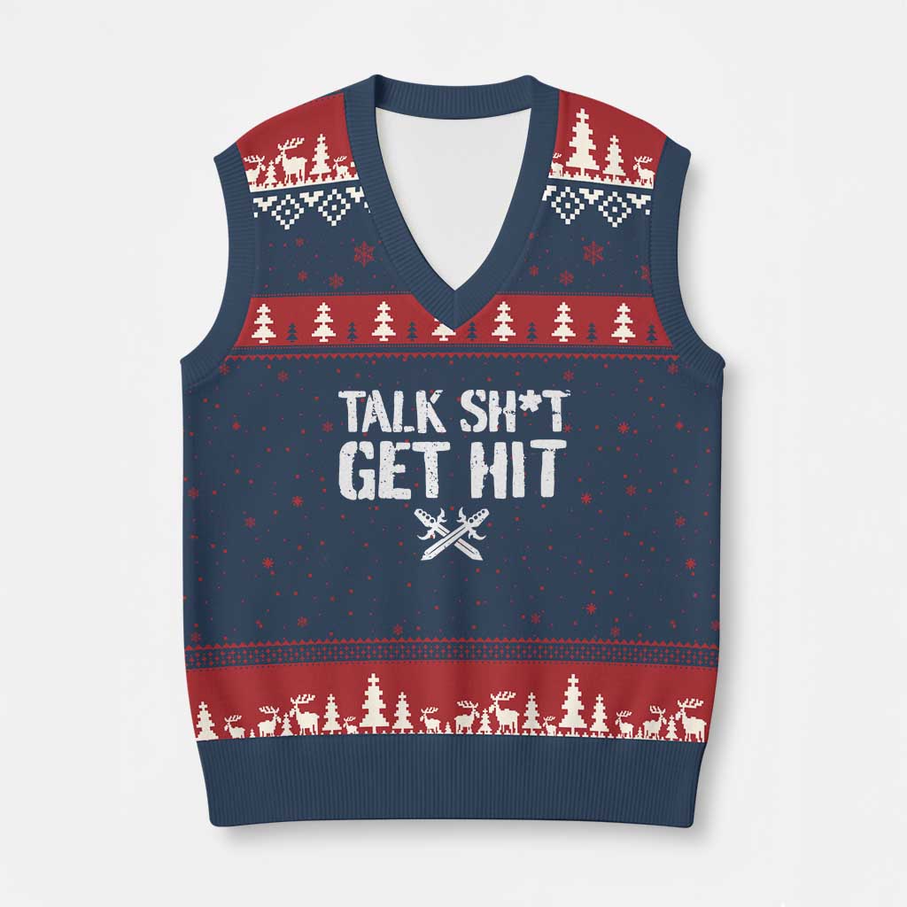 Talk Shit Get Hit Crossed Swords V-Neck Knit Sweater Vest Funny Edgy Combat Sports Attitude TS02 Navy Red Print Your Wear