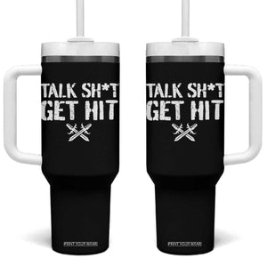 Talk Shit Get Hit Crossed Swords Tumbler With Handle Funny Edgy Combat Sports Attitude