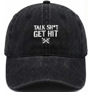 Talk Shit Get Hit Crossed Swords Washed Cotton Baseball Cap Funny Edgy Combat Sports Attitude