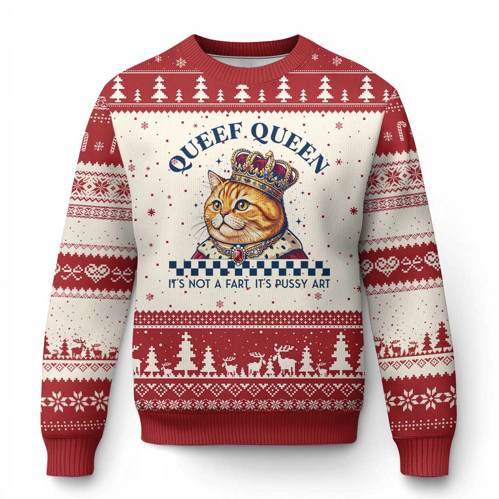 Queef Queen Its Not A Fart Royal Cat Ugly Christmas Sweater Funny Adult Humor Gag Graphic TS02 Beige Red Print Your Wear